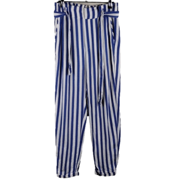 BERSHKA Blue White Striped Paper High Rise Bag Waist Skinny Leg Pull On Pant - Picture 1 of 13